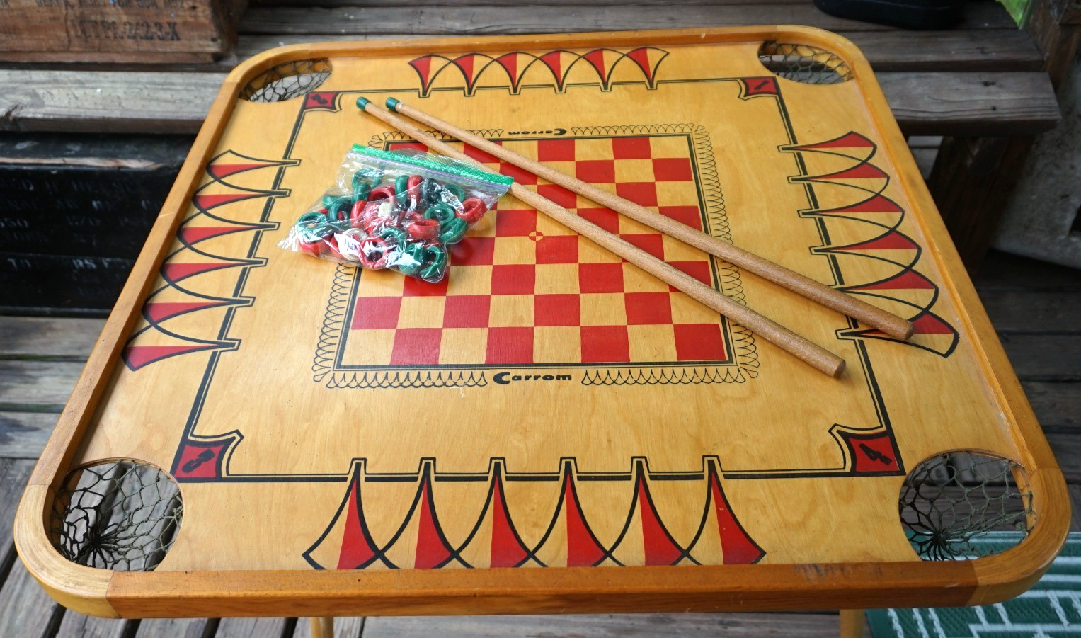 Vintage Wood Carrom 2 Sided Game Board 28″ x 28″ W 29 Pieces & 2 Cues
