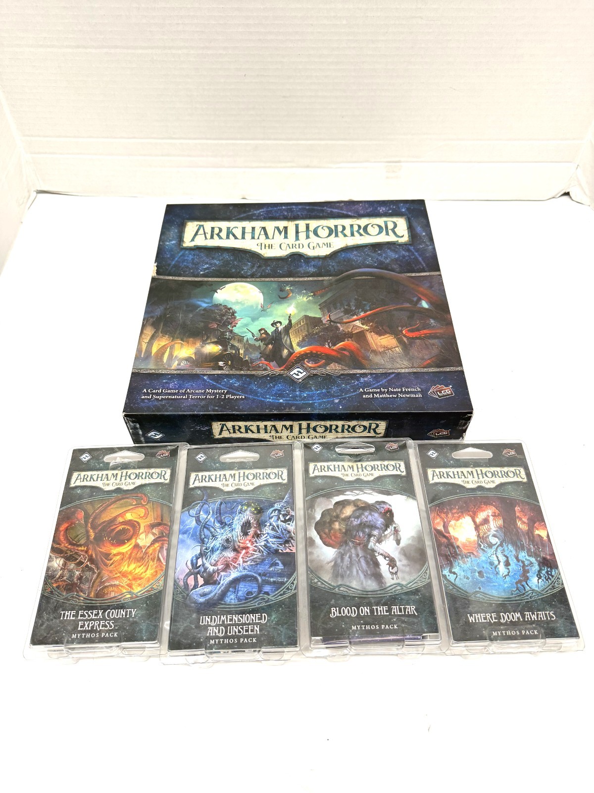 Arkham Horror Core Board Game w/ 4 Mythos Pack Essex Doom Blood Altar Dimension