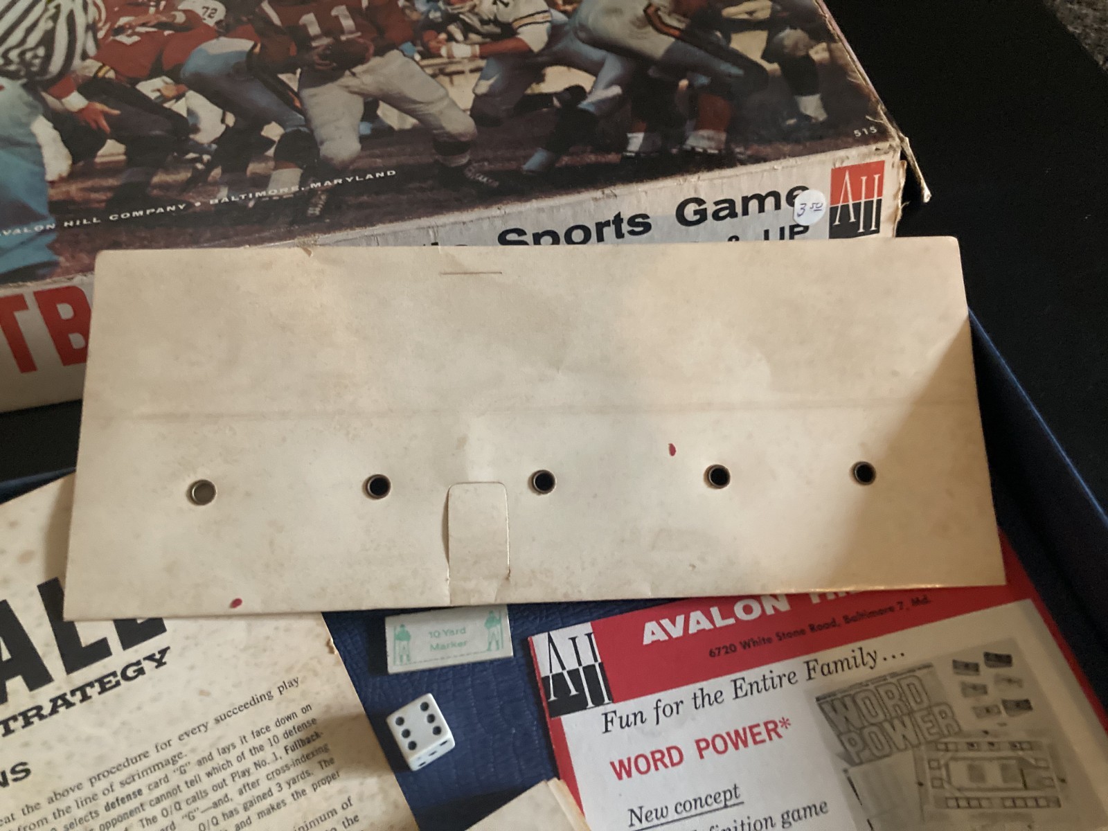 1962 Football Strategy Boxed Boardgame The Avalon Hill Company Missing Football