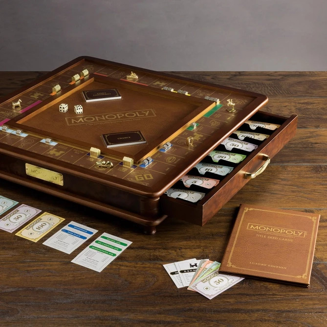 Monopoly Luxury Edition by WS Game Company, Burl Wood Cabinet with Gold Foil Sta