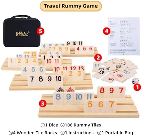 Upgraded Rummy Cube Game Set & 4 Wooden Racks, 106 Large Number Rummy Tiles and