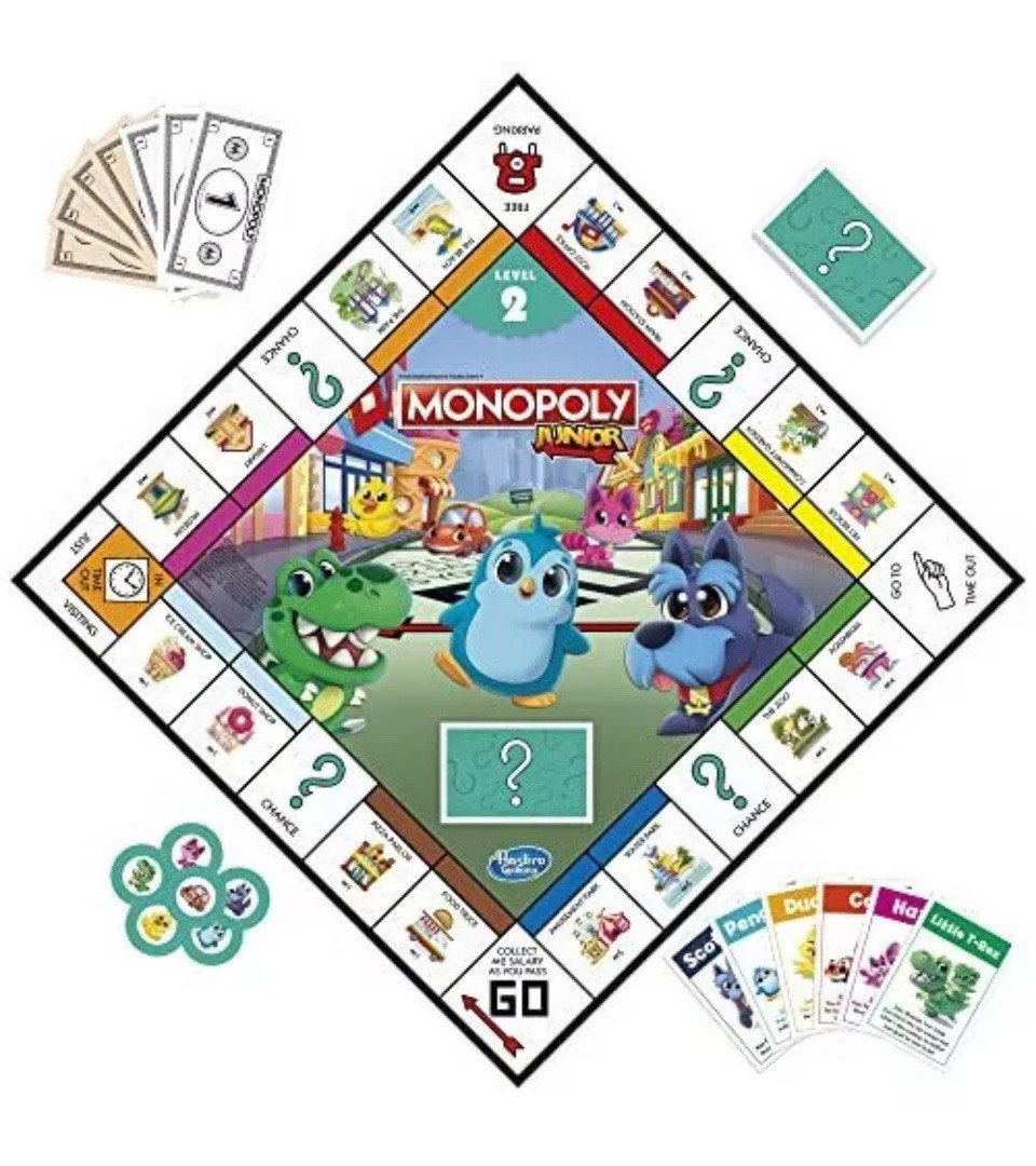 Hasbro Gaming Monopoly Junior Board Game 2-Sided Gameboard 2 Games in 1 Monopoly