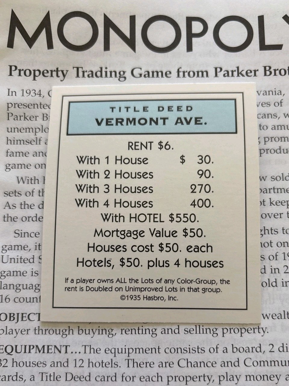 VTG 1999 Monopoly Vermont Ave Light Blue Title Deed Card Game Piece Part