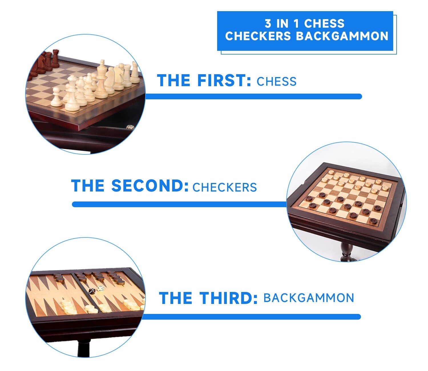 3-in-1 Mahogany Chess/Checkers/Backgammon Table with Chess/Checkers Game Pieces