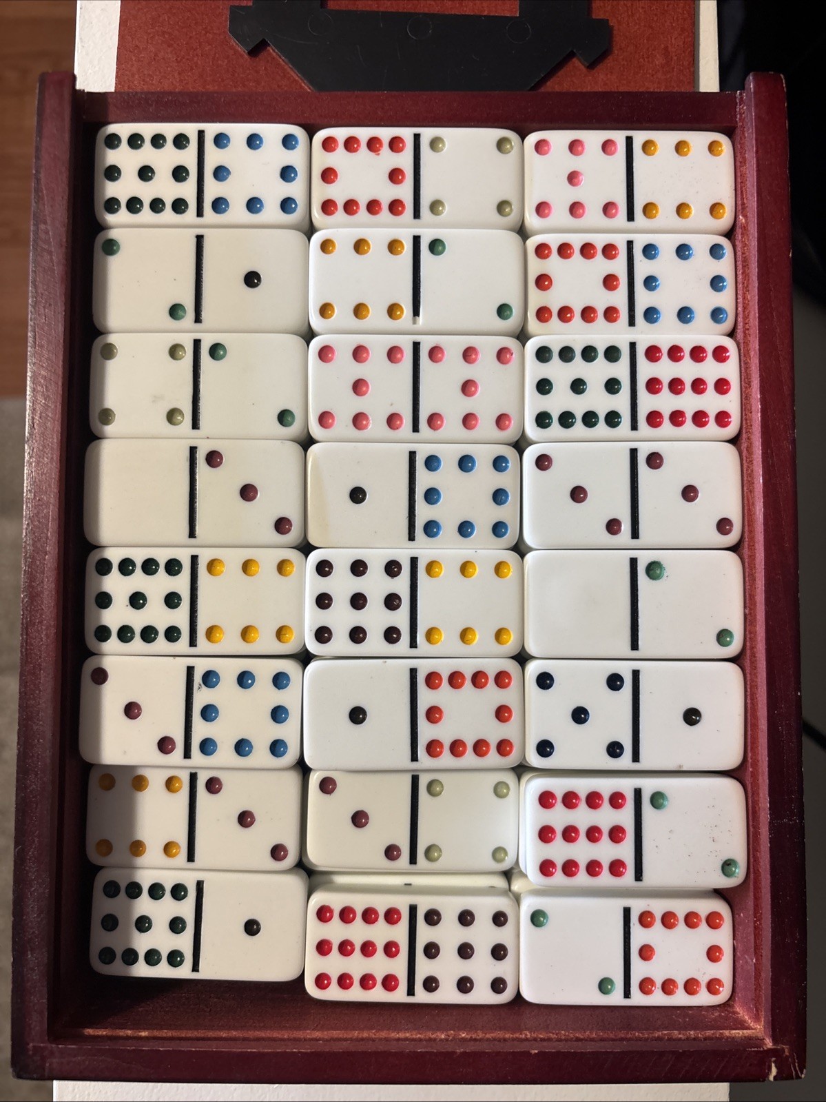 Vintage Dominoes Set of 91 Double Twelve Set In Color, Wooden Case & Central Hub