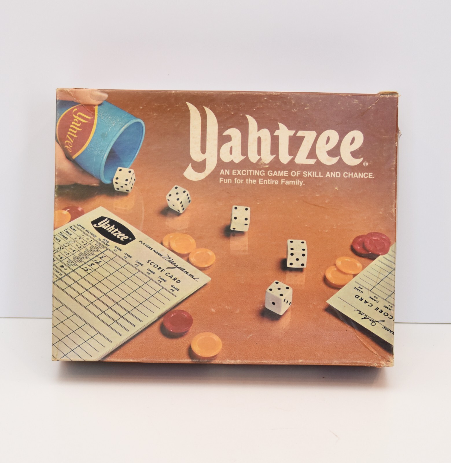 Vintage Yahtzee Light Blue Shaker Cup, Dice, Chips, Instructions And Score Cards