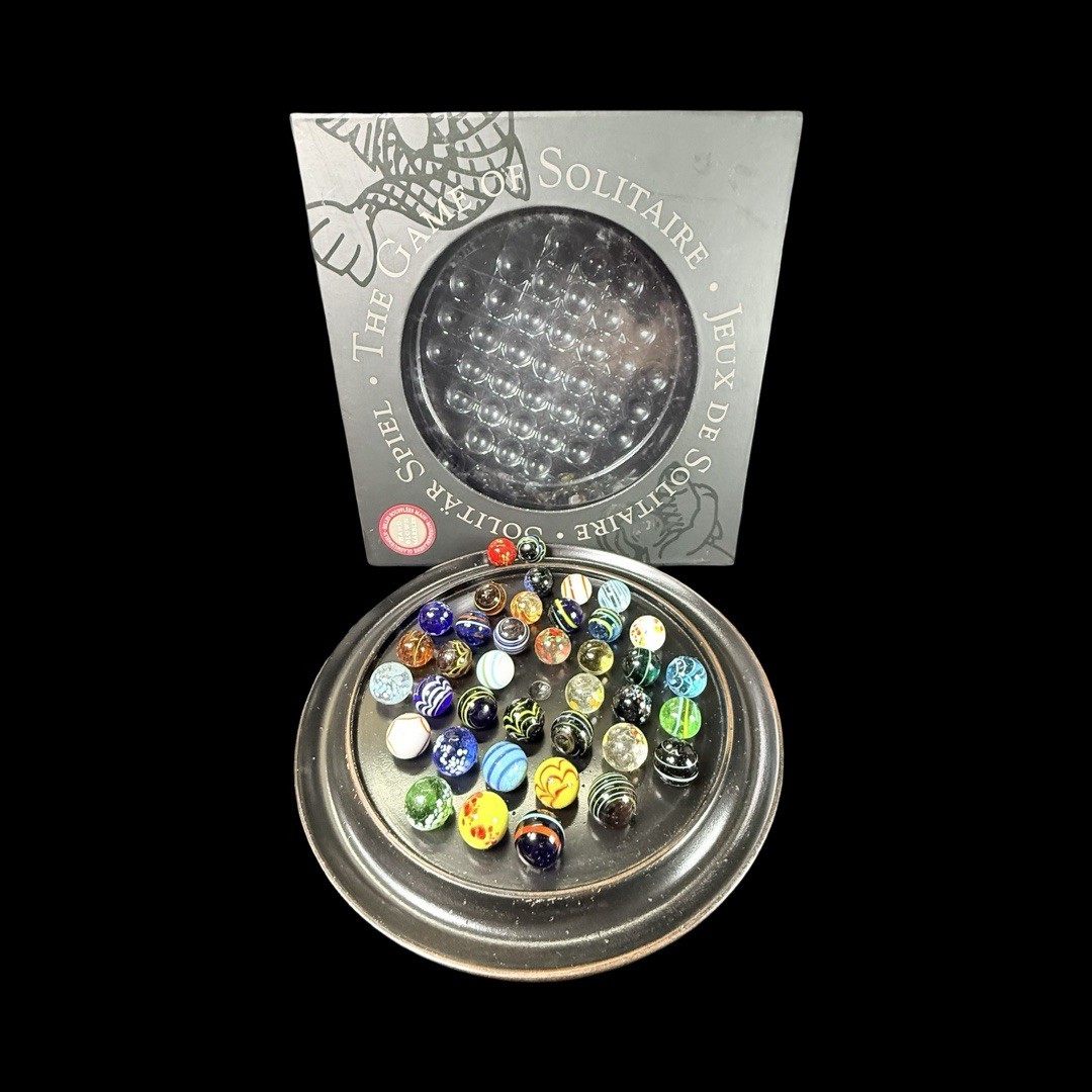 Solitaire Di Venezia Hand Blown Glass Marbles 38 w/Black Wood Base Board