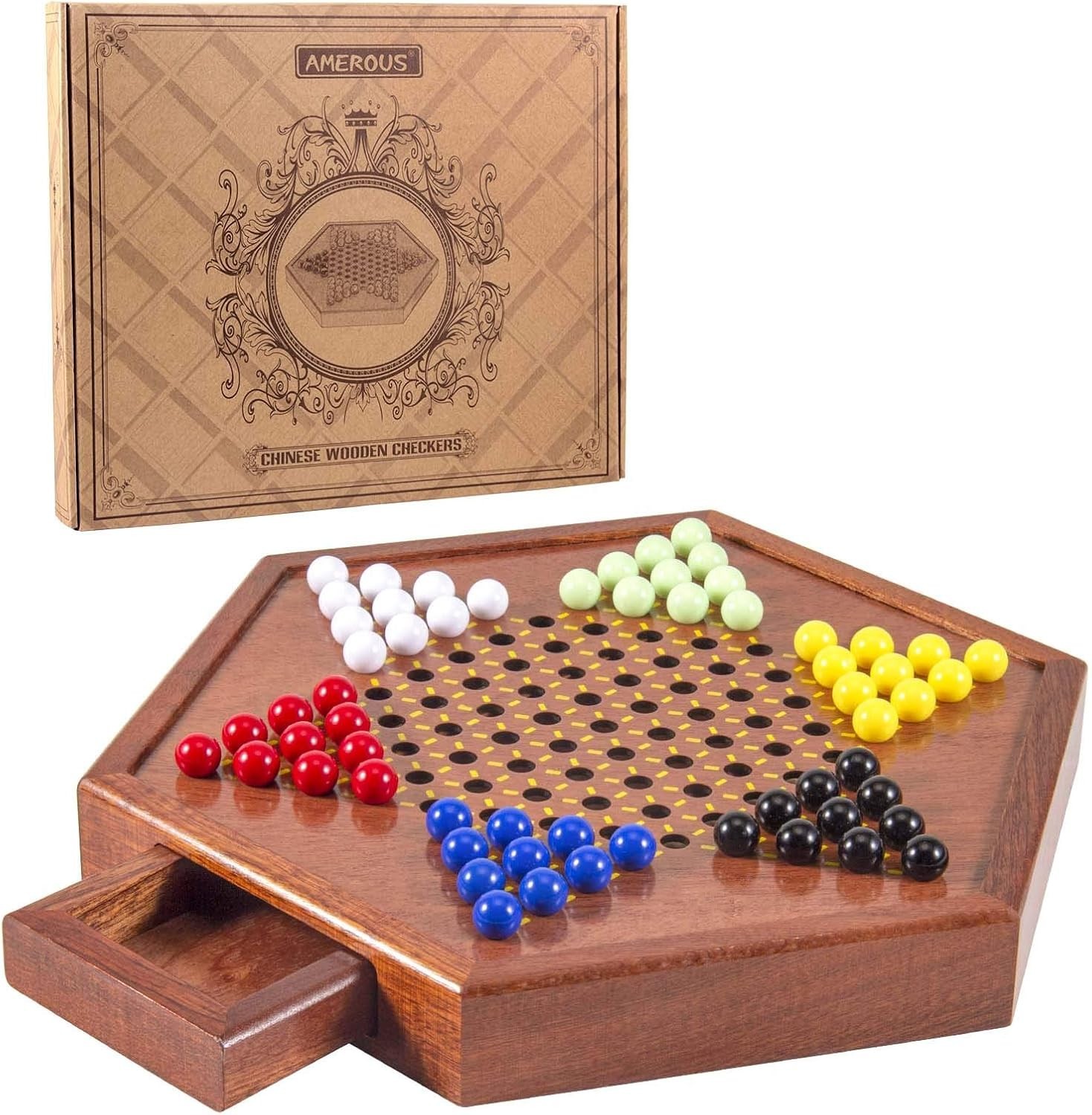 12.5 Inches Wooden Chinese Checkers Set with Storage Drawer – 60 Acrylic Marbles
