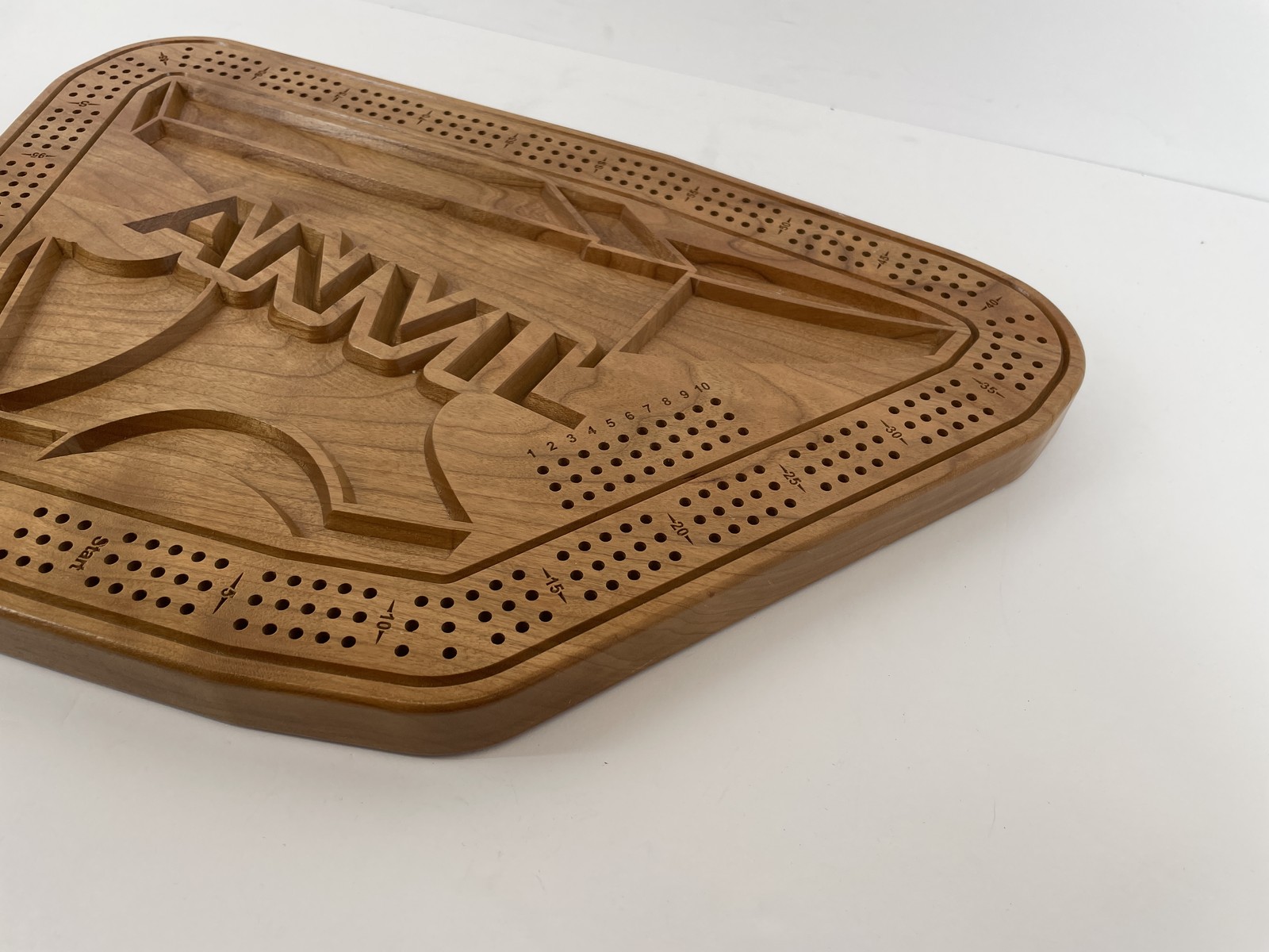 RS Brand Custom Wood Cribbage Board with Anvil Design & Peg Storage