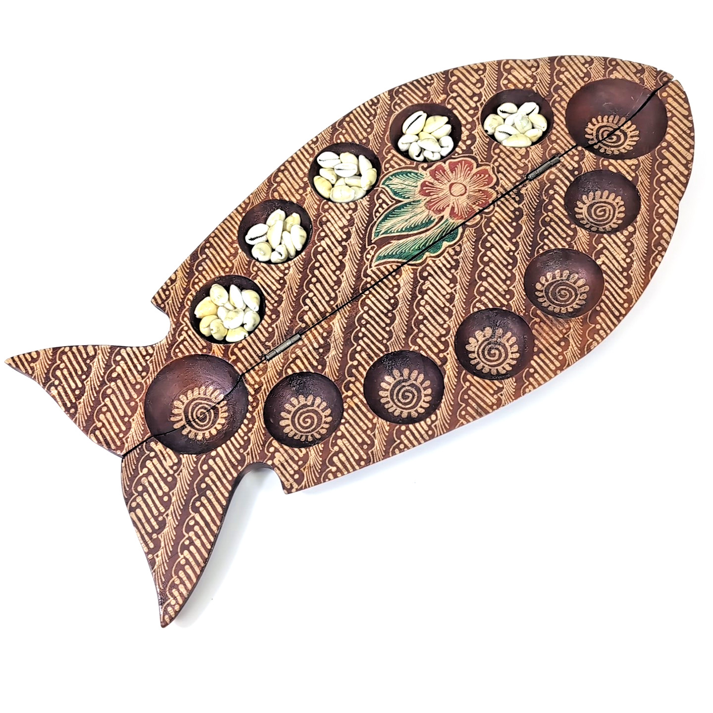 VTG Handmade Painted Fish Mancala Board Wood Shell Kalah Dakon Congklak Folk Art
