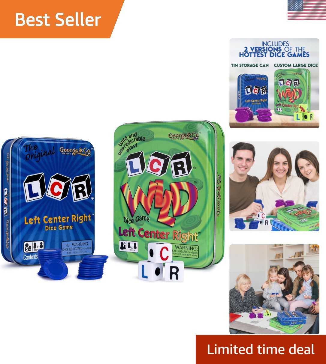 LCR Left Right Center in Blue & Dice Game in Green Tin Gift Set Bundle – 2 Pack