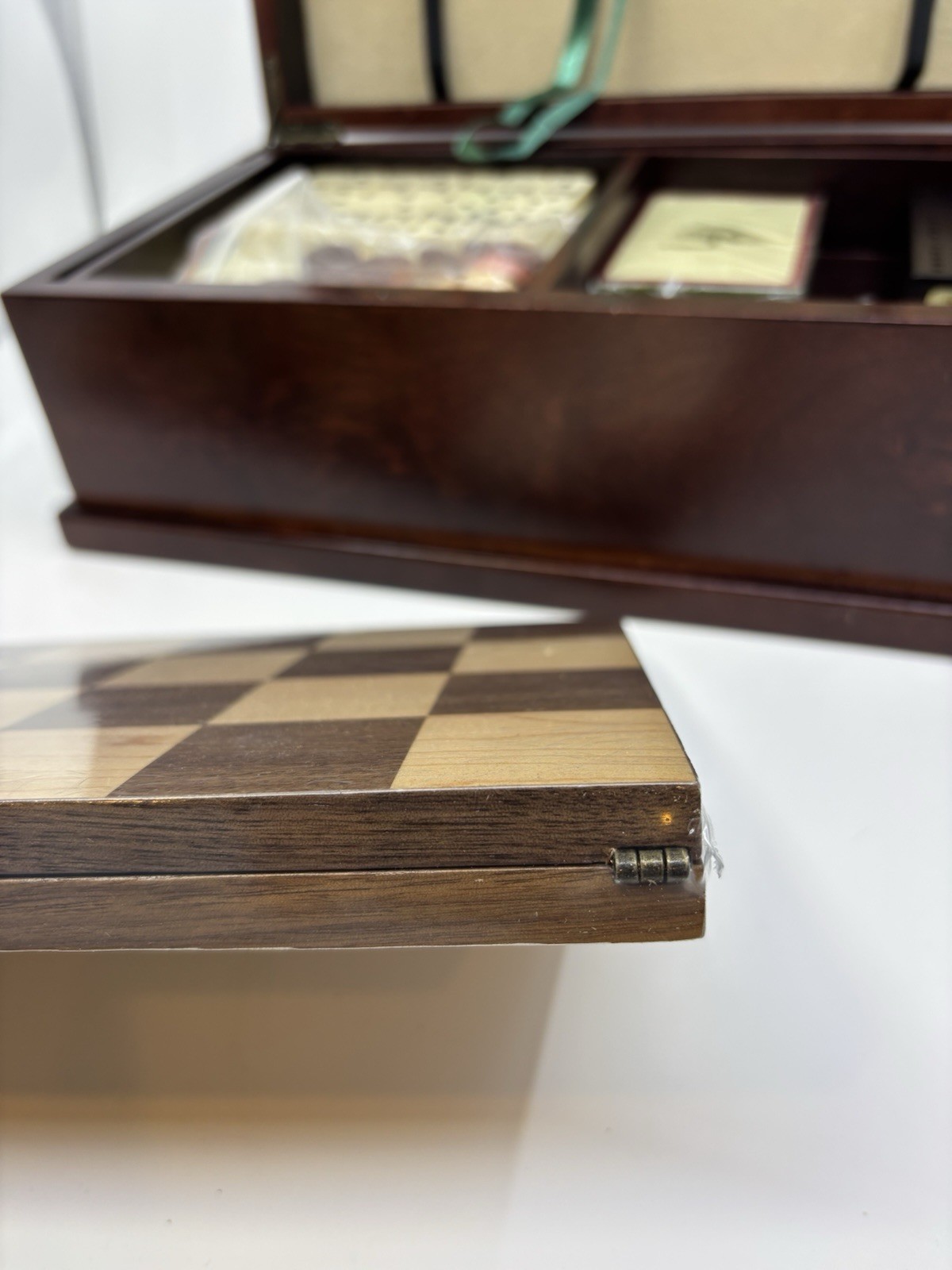Levenger Wood Game Treasure Chest Chess Checkers Dominoes Cribbage Poker Dice