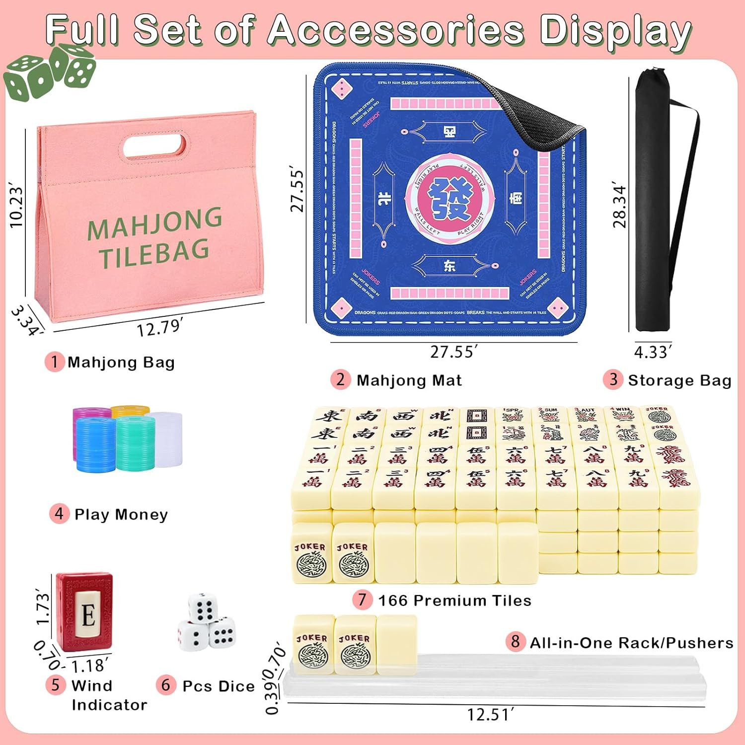 American Mahjong Tiles Set, 166 White Tiles Game with Noise Reducing Mahjong Mat