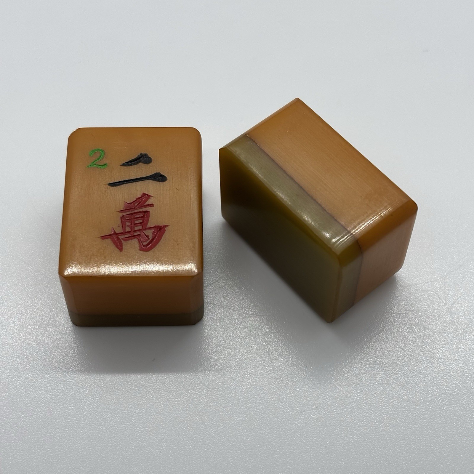 2 Bakelite MahJong Tile Pieces 2 and 3 Two Tone Stacked Butterscotch “Craks”
