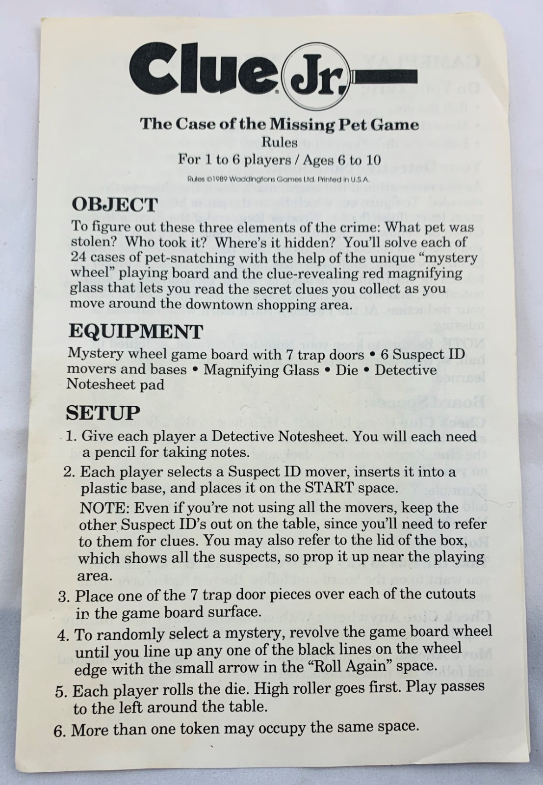 1989 Clue Jr. Case of the Missing Pet Game by Parker Brothers Complete Great Con