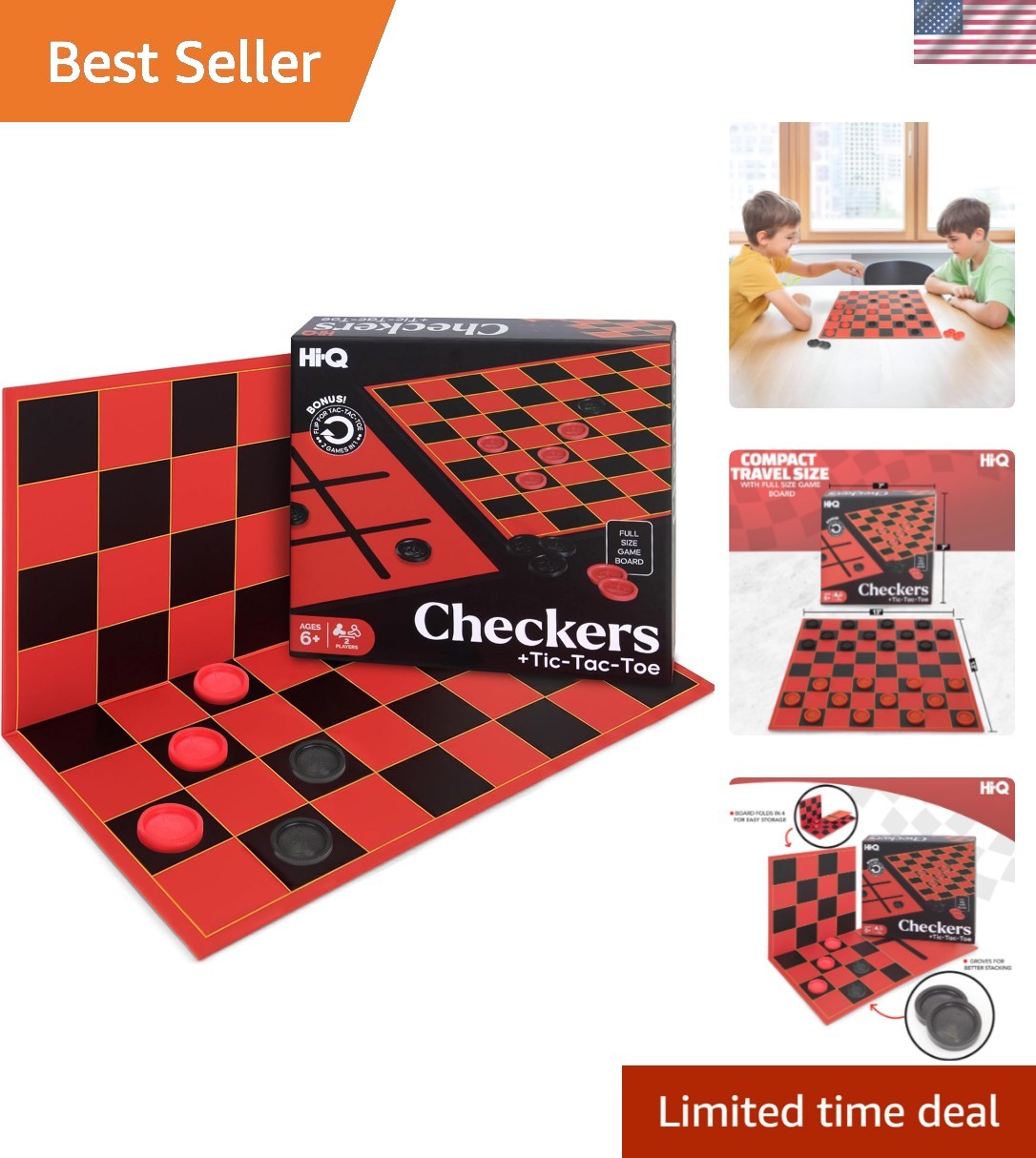 HI-Q Checkers & Tic-Tac-Toe Board Game Set – Classic Strategy for Kids & Fami…