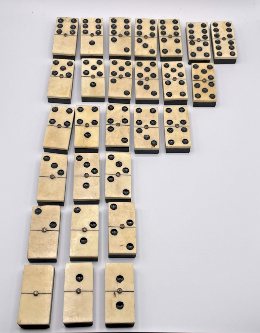 (27) Antique Handmade Bone and Ebony Dominoes Metal Rivet w/ Antique Metal Tin
