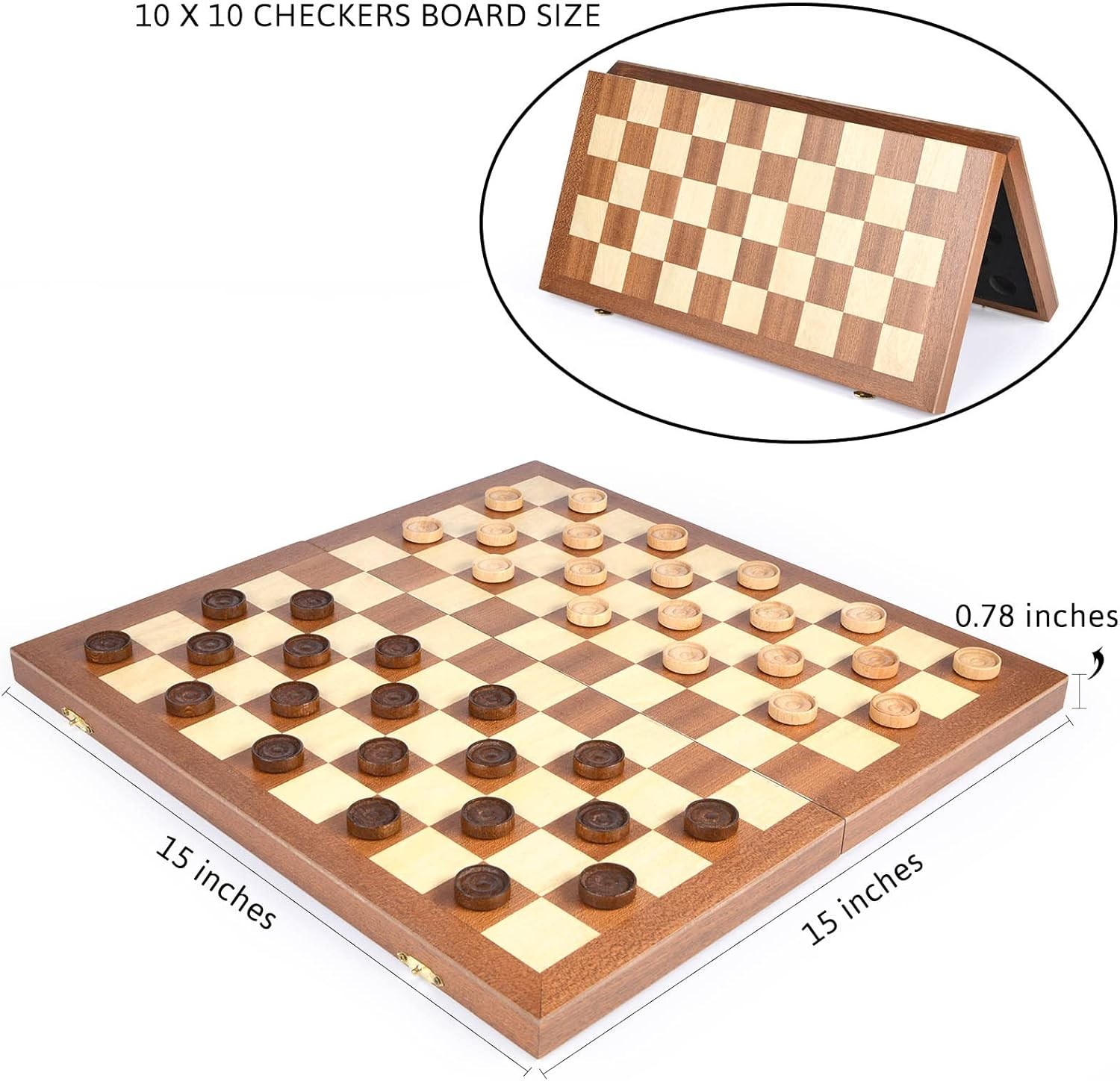 15inch Checkers Folding Wooden Game Set, 100 Square Checkerboard Internationa…