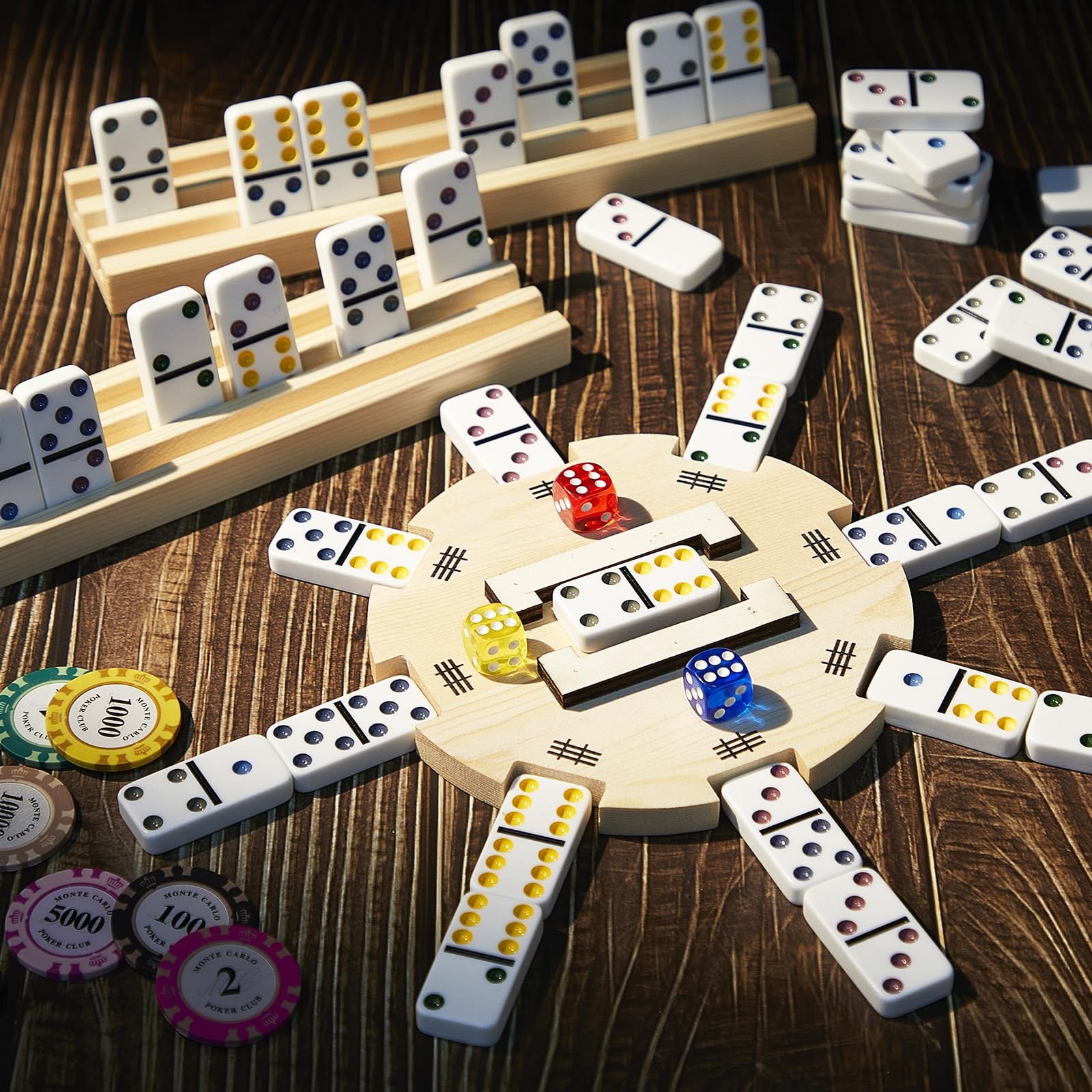 Mexican Train Dominoes Set, Wooden Mexican Train Hub with 8 Pcs Domino Trays …