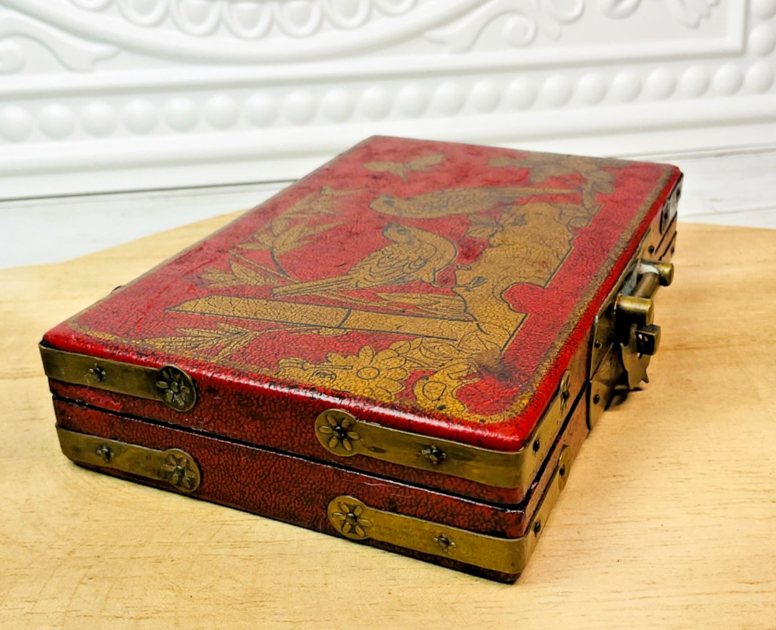 Vintage Chinese Lacquer Domino Set 28 Tiles Brass Box Birds Bamboo Asian Decor
