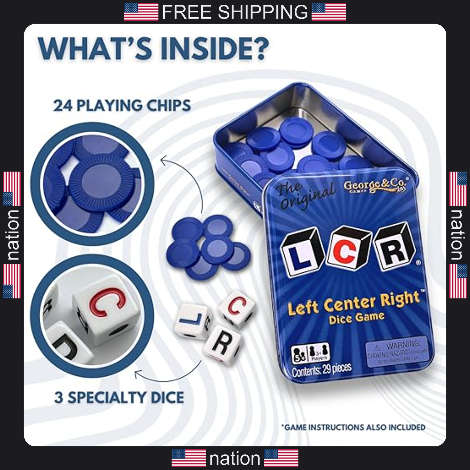 LCR® Left Center Right? Dice Game – Blue Tin