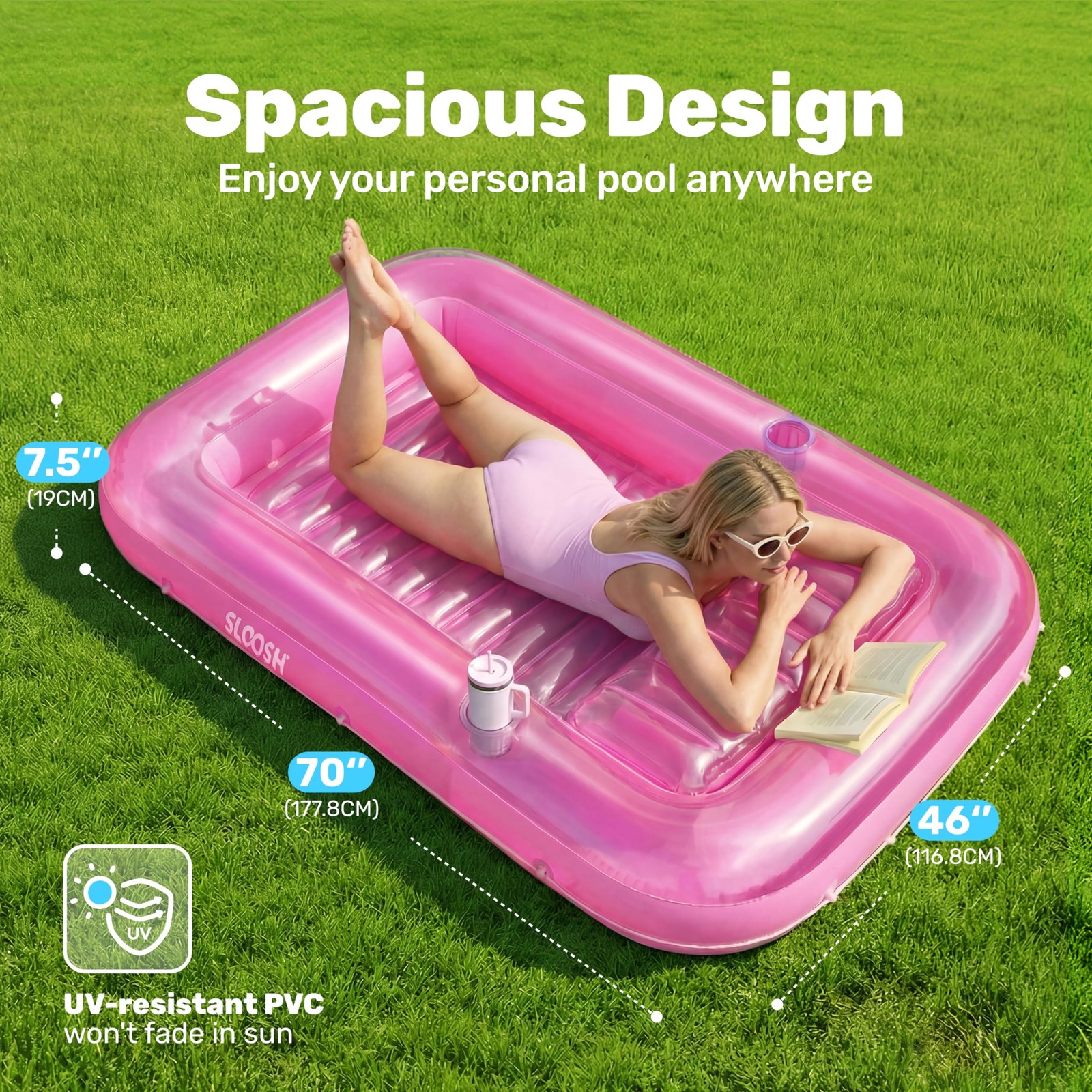 Pool Float Lounger 70 x 46 Inflatable Tanning Bed Large Pink SLOOSH Floats Adult