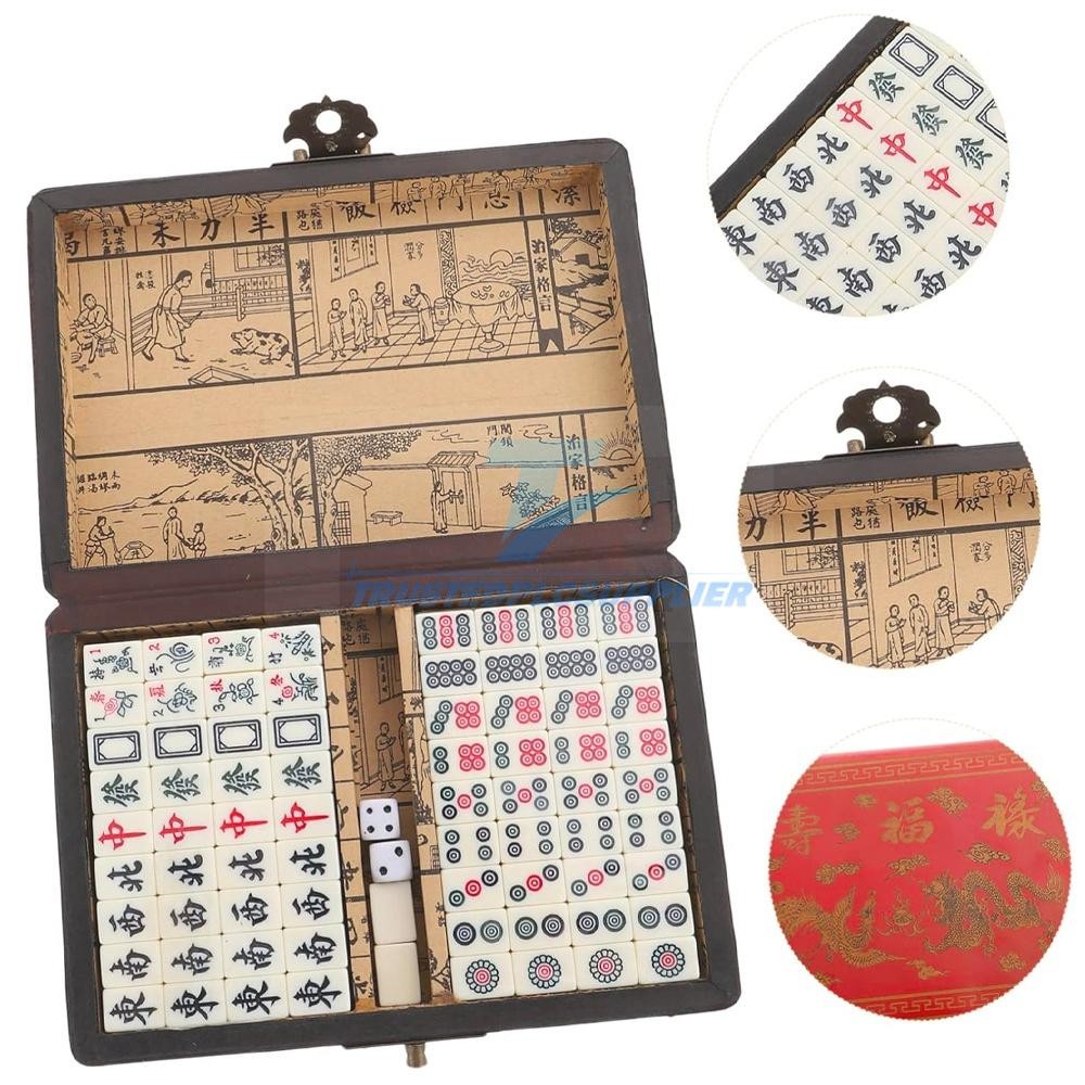 Vintage Chinese Mahjong Set Traditional 144 Tiles Mah-Jong Game Set w/ Case Box