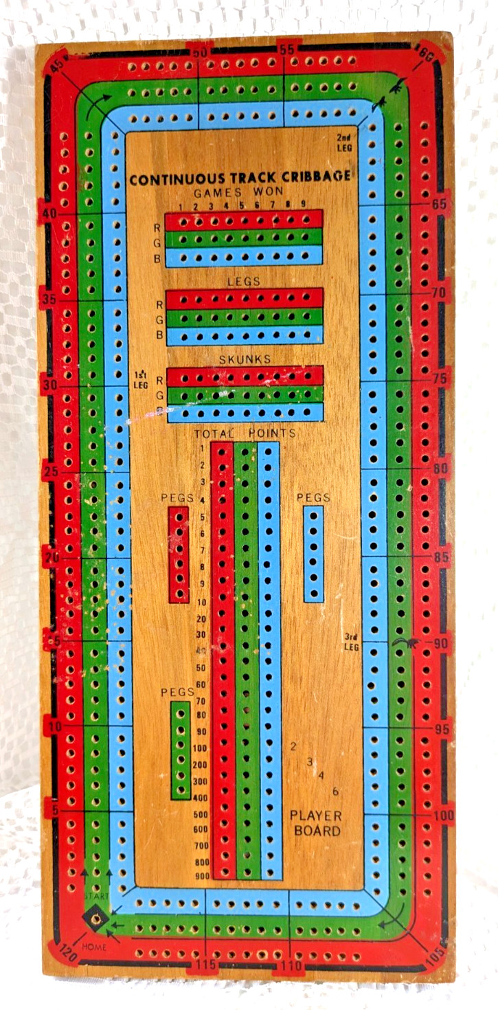 BIG Vtge Continuous Triple 3 Track Cribbage Board Wood 21 Pegs Crib Card Game