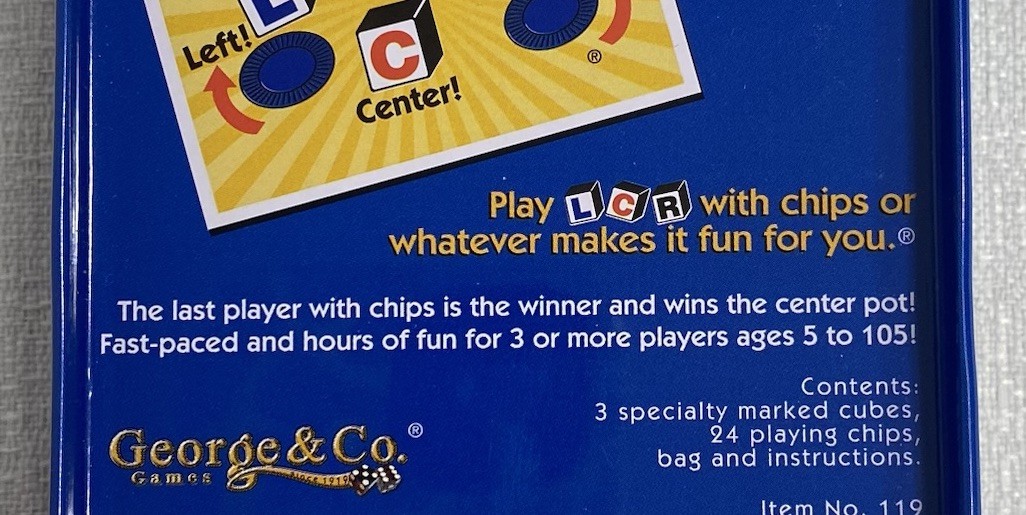 LCR® Left Center Right™ Dice Game – Blue Tin