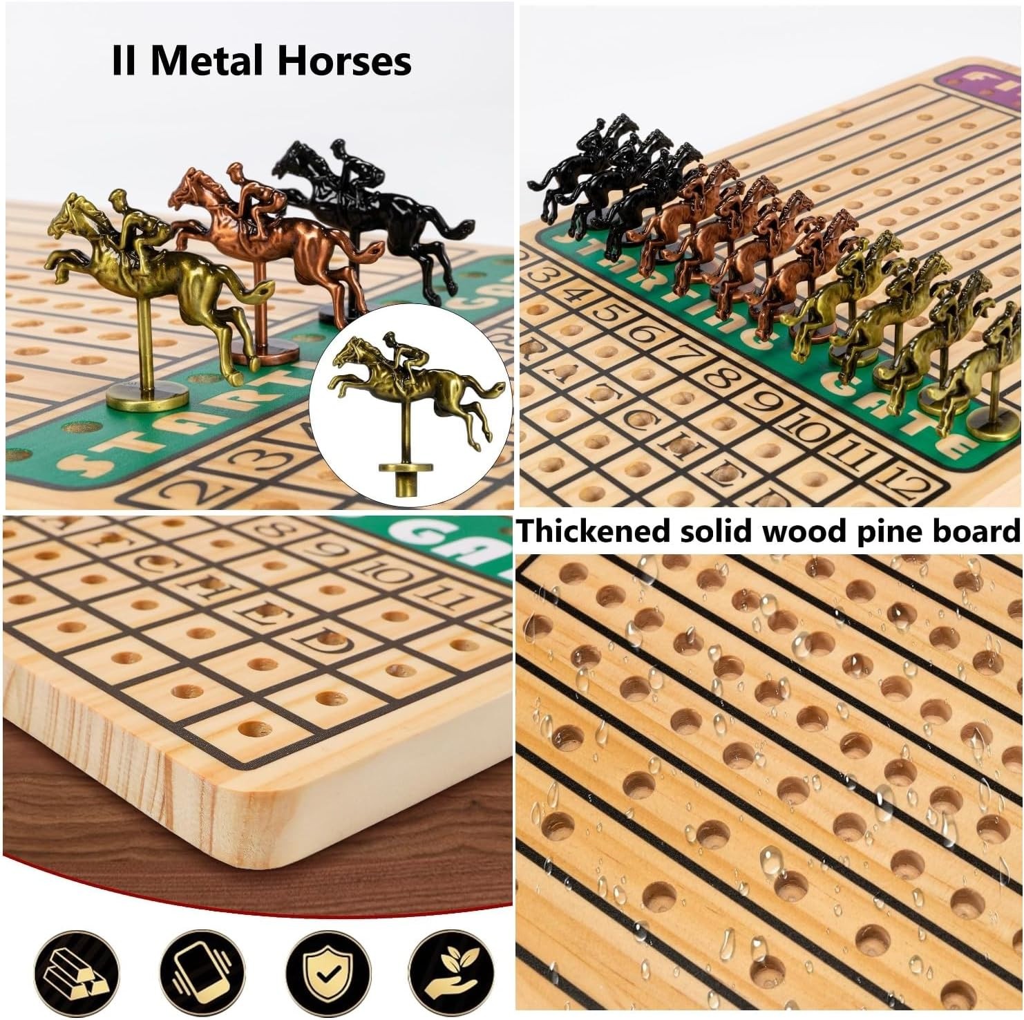 Horse Race Board Game with 11 Luxury Metal Horses, 4 Dice, 2 Card Boxes and Thic