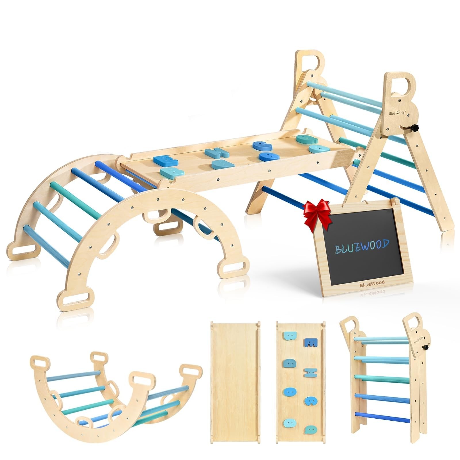 Foldable Wooden Pikler Triangle Climber Toddler Playground Jungle Gym Sky Blue