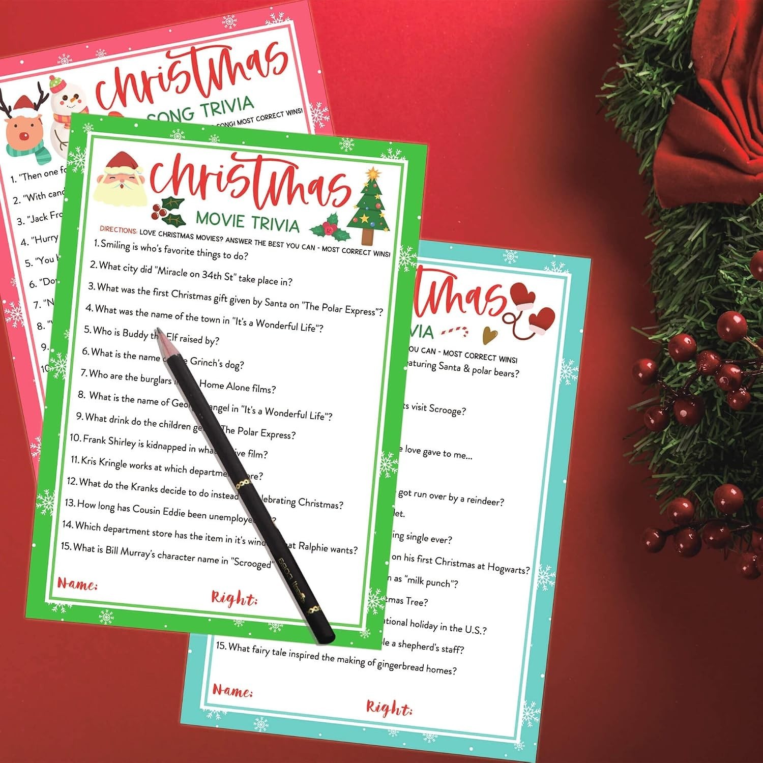 Christmas Trivia Game Cards 63 Pcs Guessing Activity 3 Themes