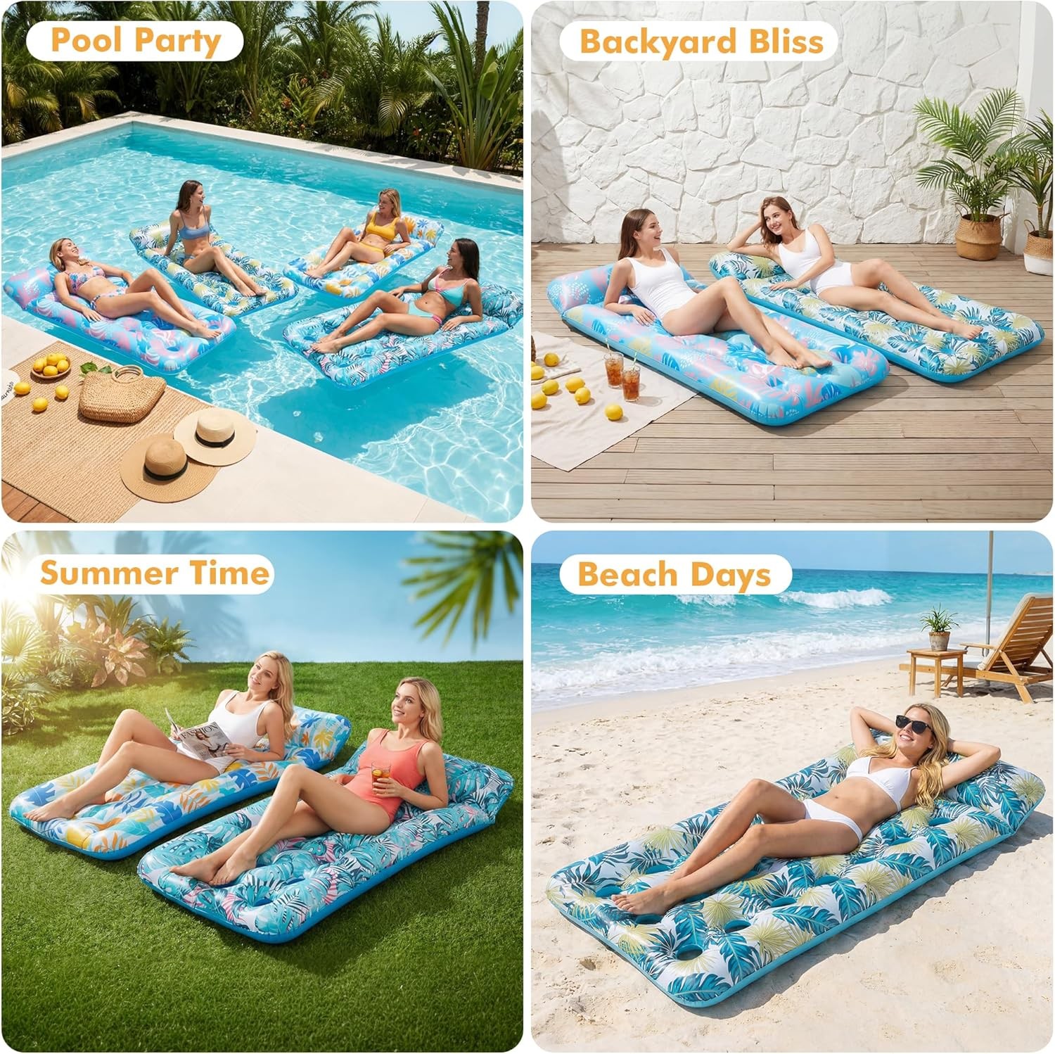 4 Pack Inflatable Pool Float Mat, Giant Pool Floats Adult Size with Headrest