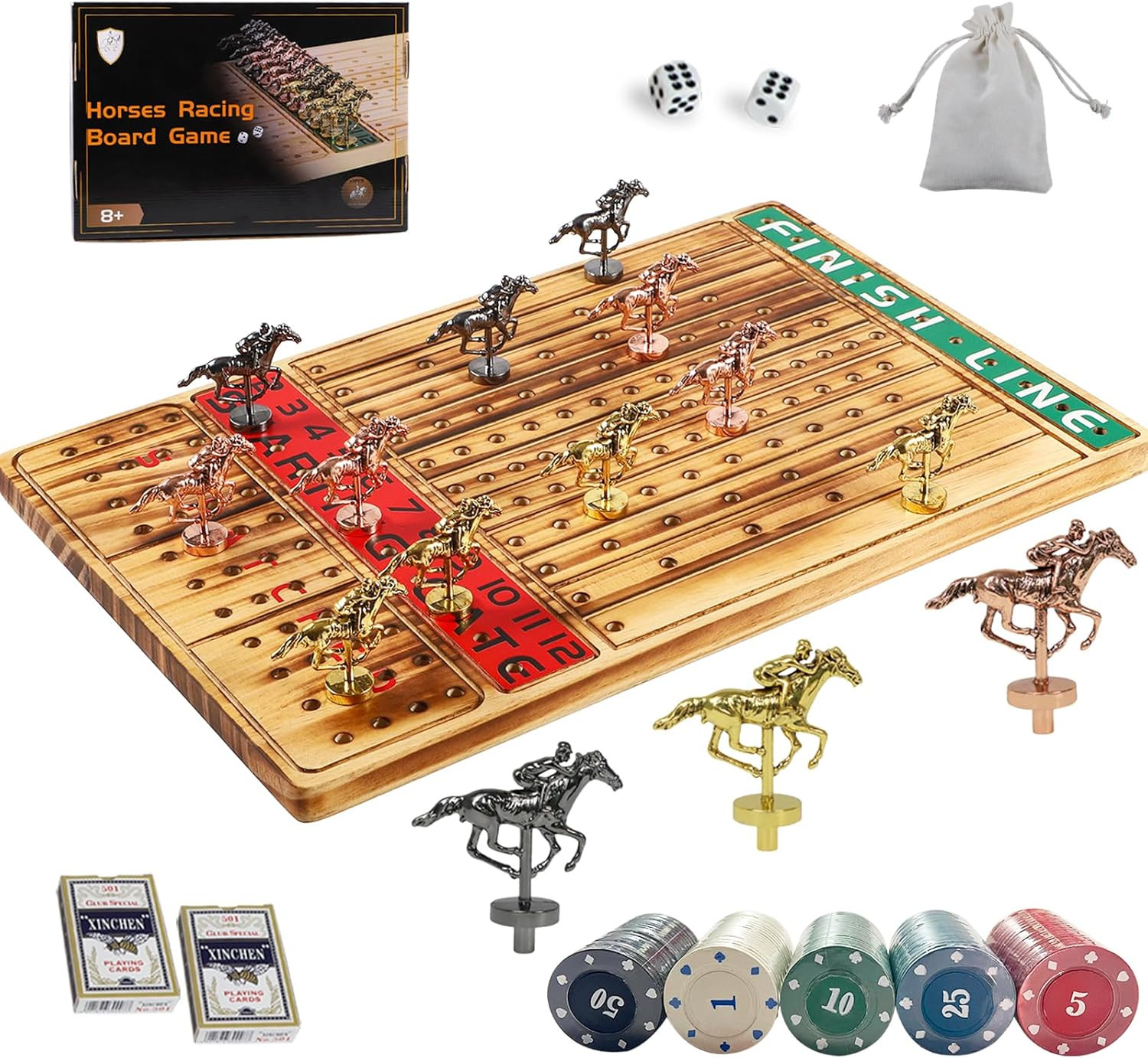 Horse Racing Board Game Thickened Solid Wood Finish Line Horse Race Game with 11