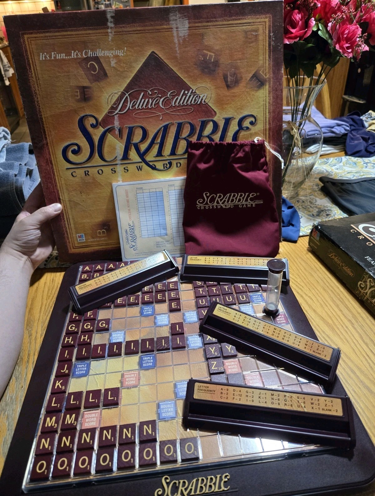 Scrabble Deluxe Edition 1999 Crossword Game Turntable Board Wood Tile Complete