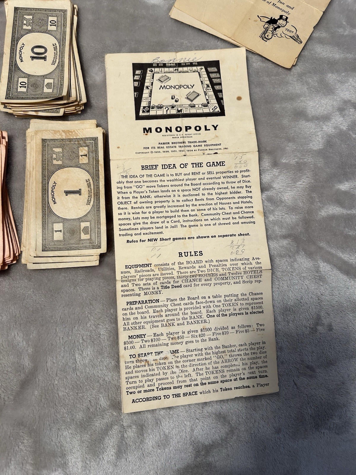 Vintage 1930s Monopoly Black Box Patent 2026082 Parts Money No Board As-Is