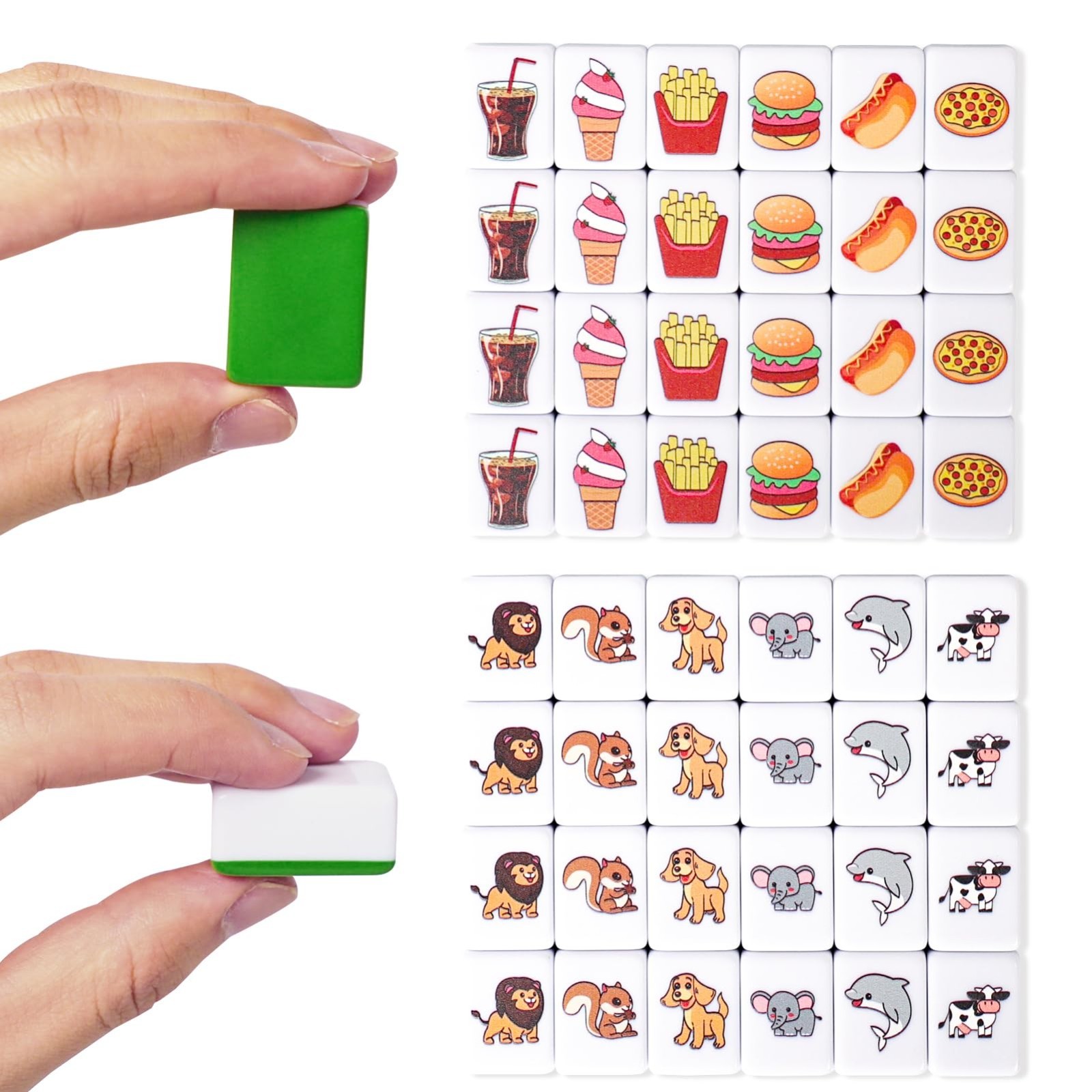 2 Player Mahjong Block Set – 50 Premium Green Tiles, Animal & Food Patterns, Por