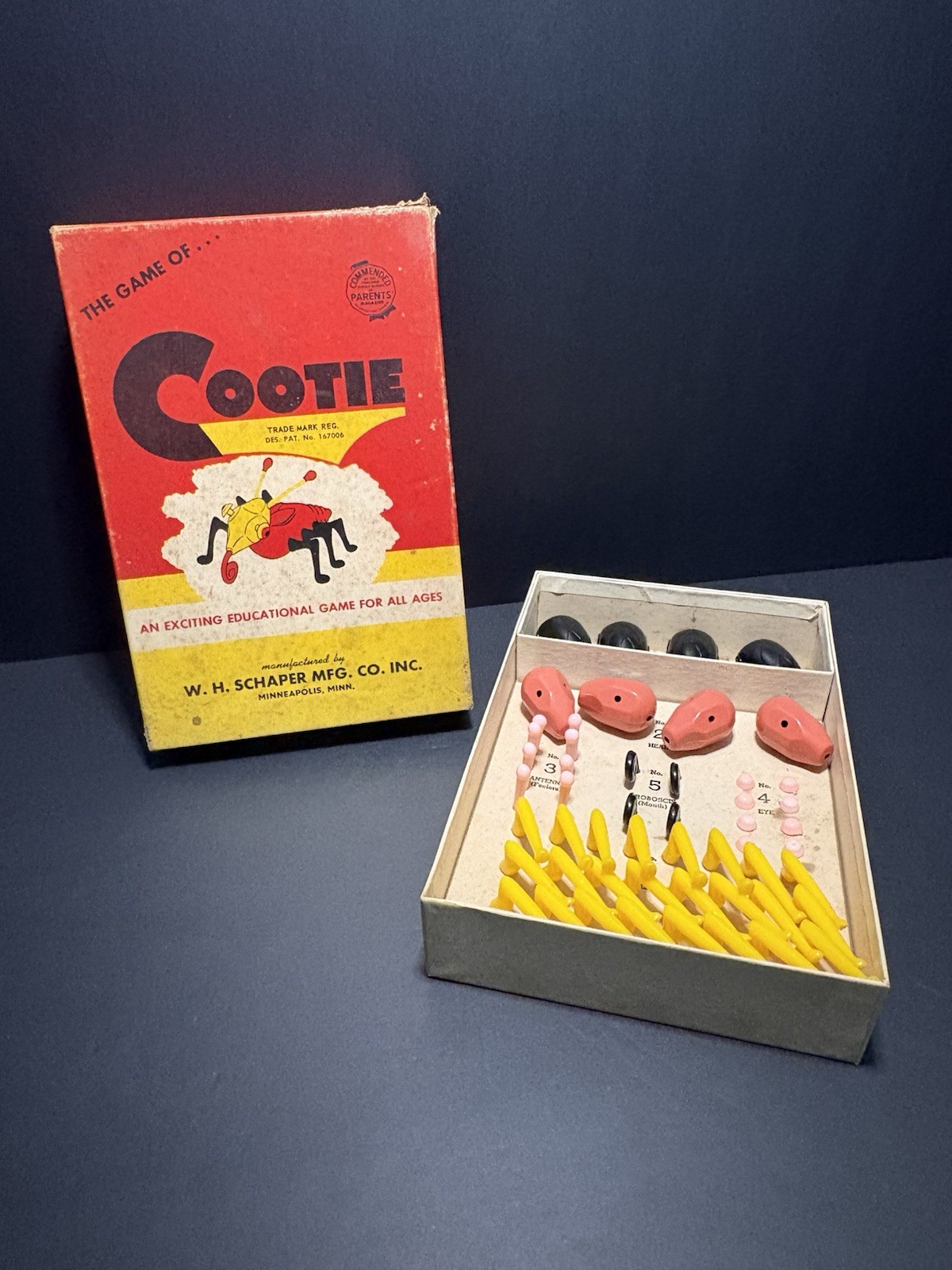 Vintage W.H. Schaper Cootie Game Complete Original Box 1940s 1950s Minneapolis