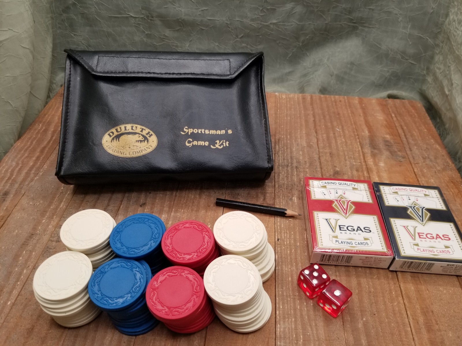 Vintage Duluth Trading Leather Sportsman Game Poker Chips Dice Playing Cards USA