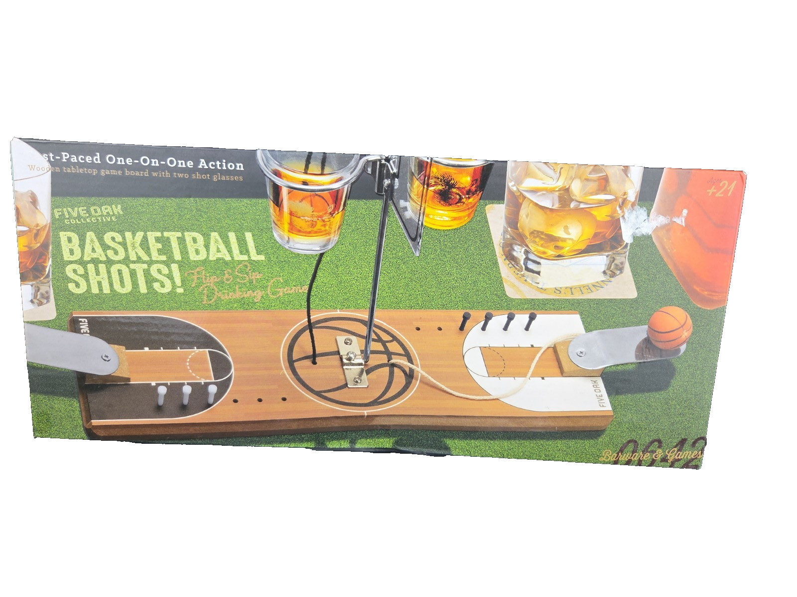 Five Oak Collective Basketball Shots Wooden Game Board With Two Shot Glasses-NIB