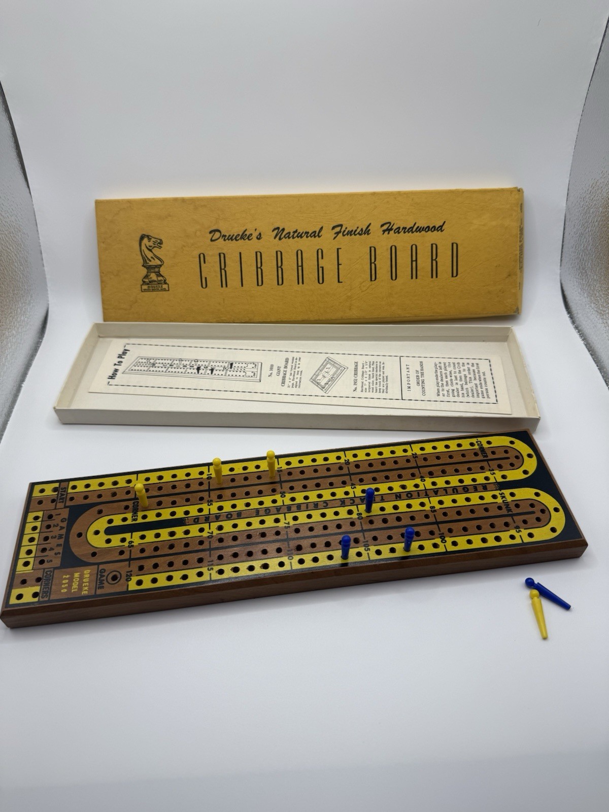Drueke Cribbage Hardwood Board Game Set, Natural Finish, Pegs, Box, Instructions