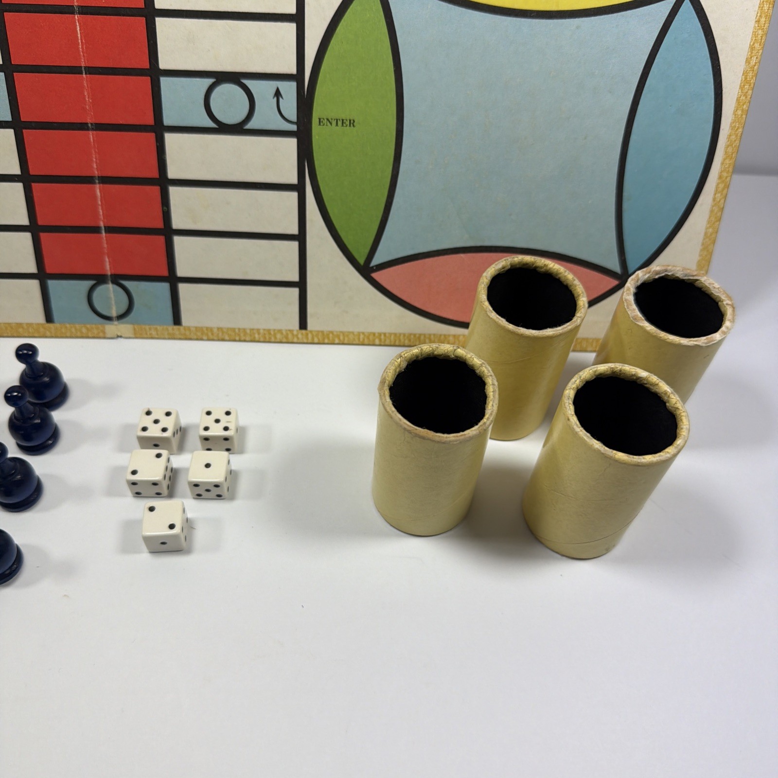 VTG Parcheesi Royal Game India Selchow & Righter Board Wooden Pieces Dice Cups