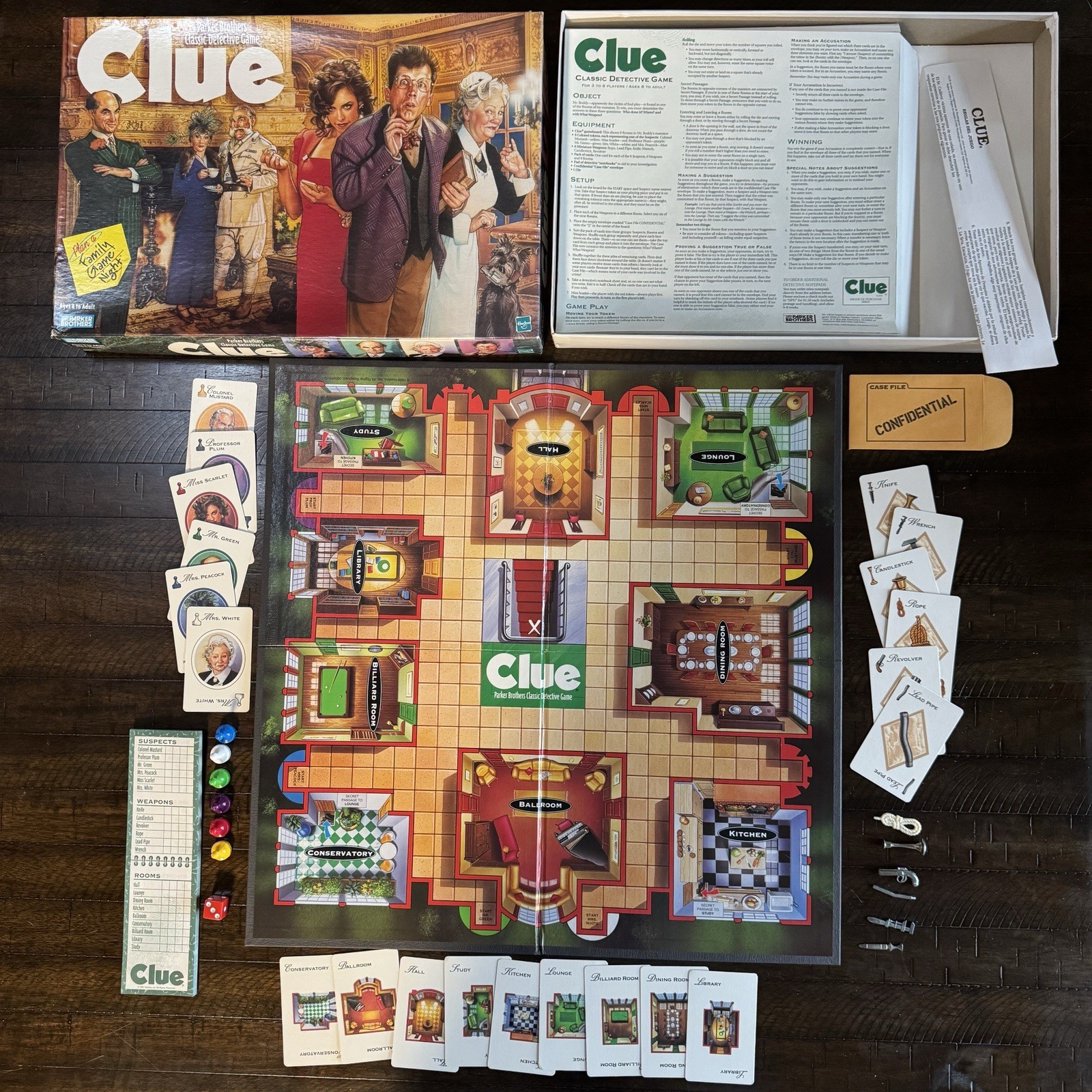 Clue COMPLETE Parker Brothers 1996 Classic Mystery Detective Board Game- VG!!