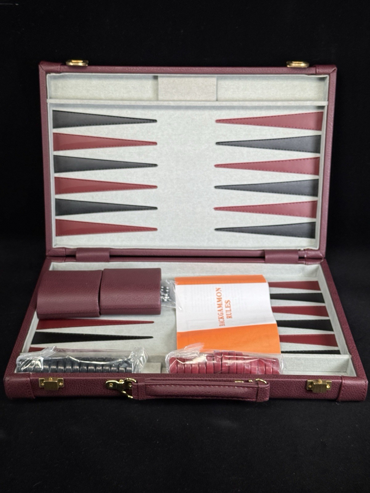 WE Games Burgundy/Black Leatherette Backgammon Set 10 X 15” Closed