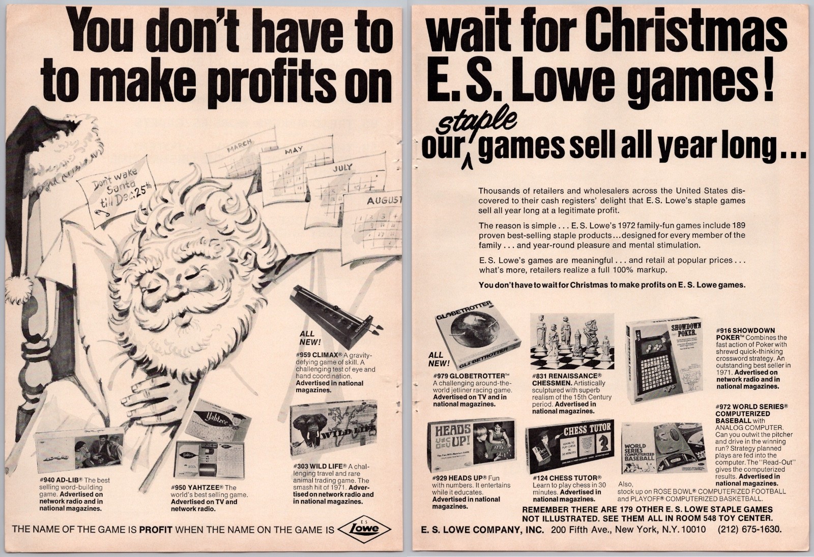1972 ES Lowes Vintage Toy Ad Games Yahtzee Ad Lib Globetrotter Chess Tutor Santa