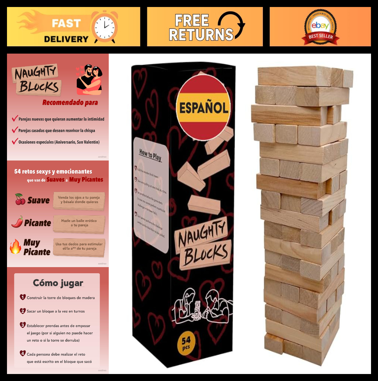 Adult Couples Game – Spanish Naughty Blocks with 54 Intimate Challenges for Date