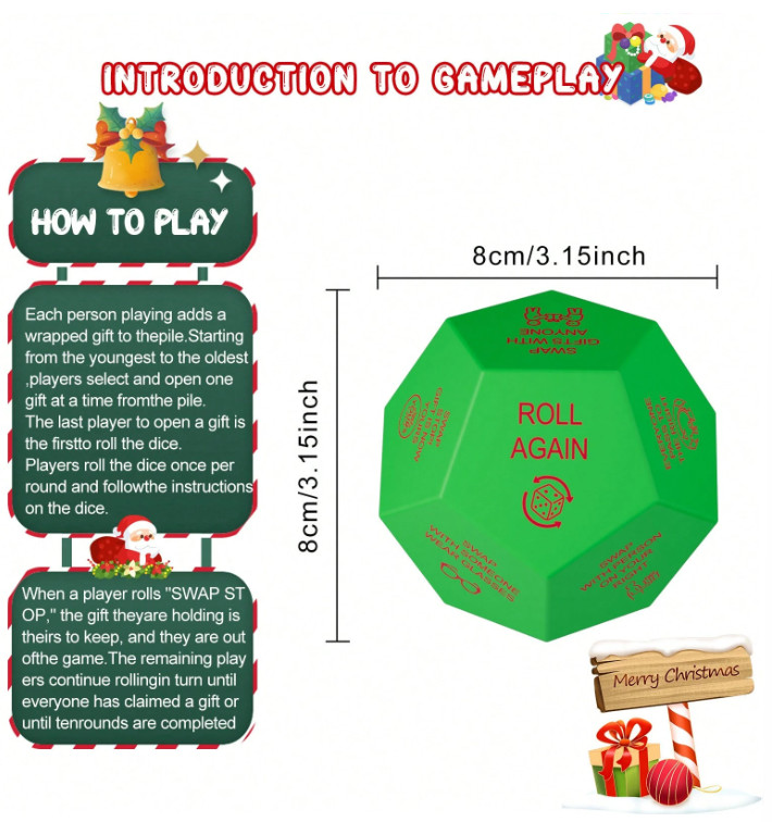 Christmas Gift Exchange Dice – 12 Sides 3x3x3 Inches, Holiday Party Dice Game