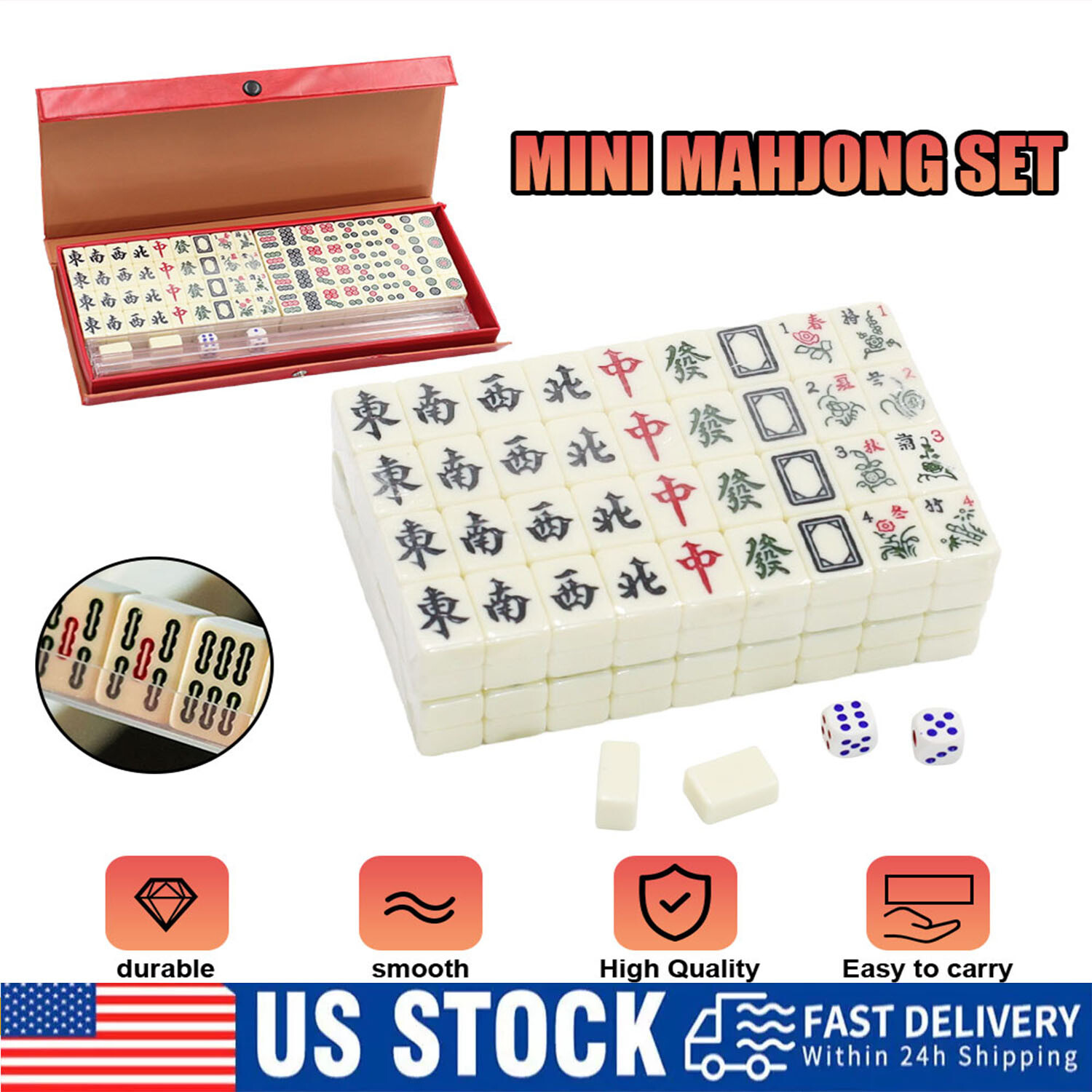 Vintage Chinese Mahjong Set Traditional 146 Tiles Mah-Jong Game Sets W/Case Box