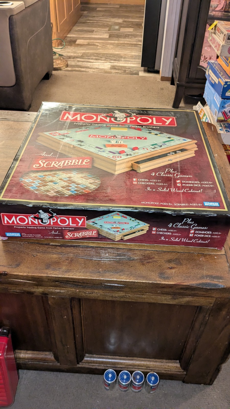 Monopoly Scrabble and 4 Classic Games Solid Wood Cabinet 2007 Parker Brothers