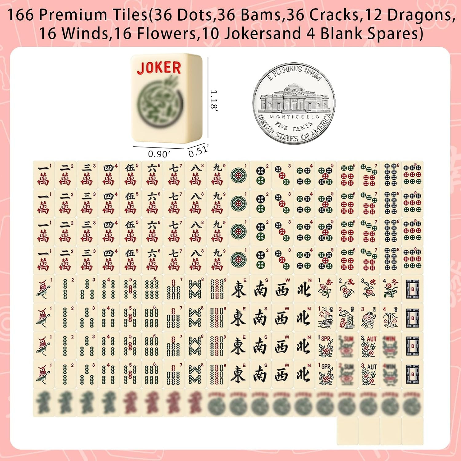 American Mahjong Tiles Set, 166 White Tiles Game with Noise Reducing Mahjong Mat